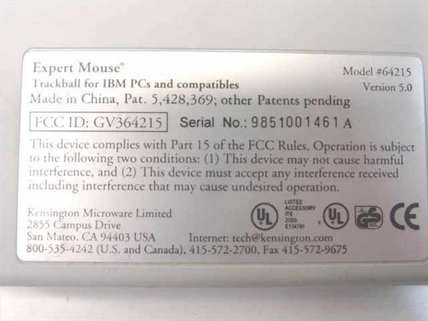 Kensington 64215 Expert Mouse – bottom label showing model, Version 5.0, FCC ID GV364215, serial number, and Kensington Microware info