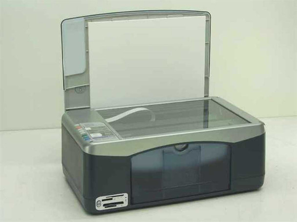HP PSC 1350 all-in-one with flatbed scanner lid open showing glass scanning surface