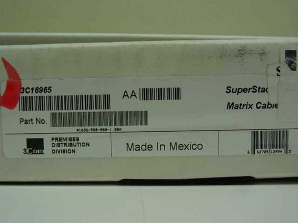 3Com 3C16965 SuperStack II Matrix Cable box label showing part number, SuperStack Matrix Cable designation, Made in Mexico, and 3Com Premises Distribution Division barcode