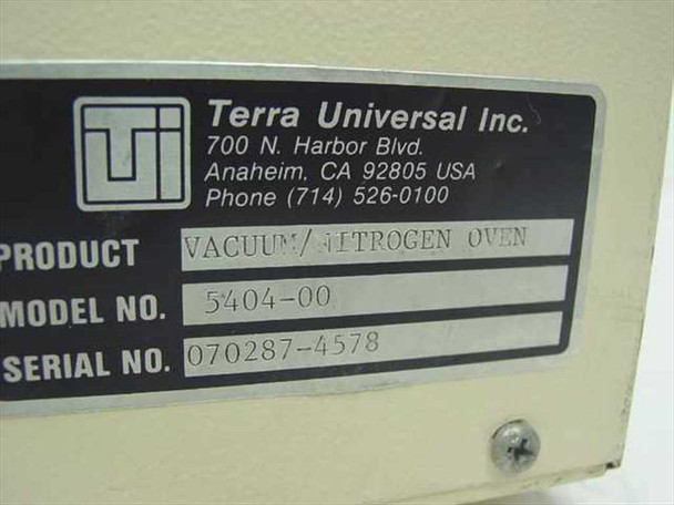 Terra Universal 5404-00 Vacuum Nitrogen Oven — rear nameplate showing manufacturer Terra Universal Inc., Anaheim CA, model 5404-00, and serial number