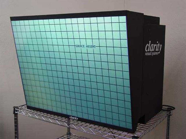 Clarity Visual Systems VN-3820-VA Leopard 38-inch rear projection LCD display — front view showing illuminated screen with grid pattern on wire shelf