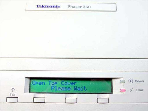 Tektronix Phaser 350 front panel close-up showing LCD display reading 'Open Top Cover Please Wait' with Power and Error indicators