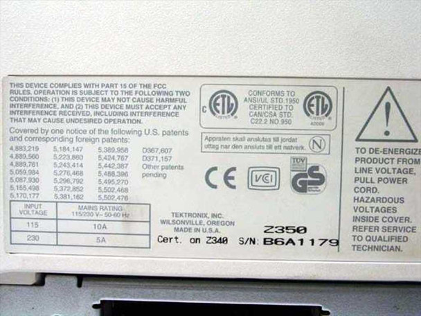 Tektronix Z350 rating plate showing 115V/10A and 230V/5A input, 50–60 Hz, Made in USA by Tektronix Inc. Wilsonville Oregon, certified on Z340