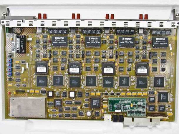 SynOptics 5378-F PCB top view showing four Valor filter modules, multiple ICs, and a small green daughterboard