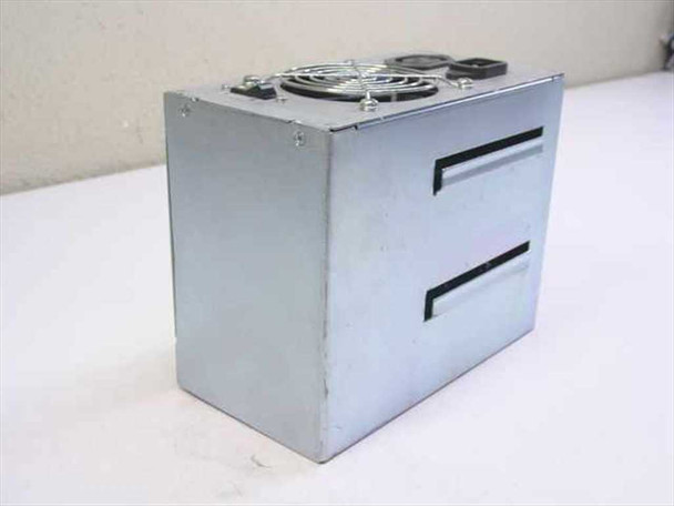 HS Electronics HN-200C AT power supply – left side view showing metal enclosure, dual top fans, and drive bay cutouts