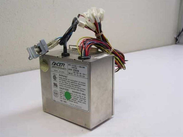 Ancer Smartpower PP-250V 250W AT power supply – front-left view showing brushed metal enclosure, Ancer logo label, UL/TUV certifications, and outgoing power harness wiring