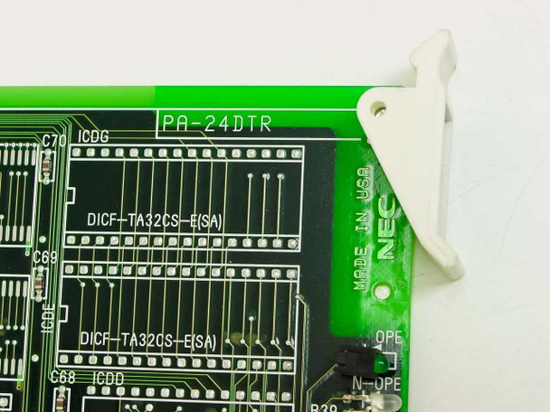 NEC PA-24DTR PCB corner showing silkscreen text PA-24DTR, NEC Made in USA, and DICF-TA32CS-E(SA) module markings