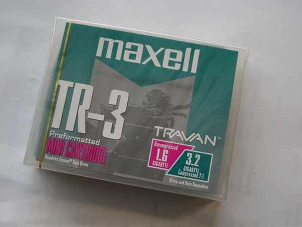 Maxell TR-3 Travan Mini Cartridge front label showing 1.6 GB uncompressed and 3.2 GB compressed capacity