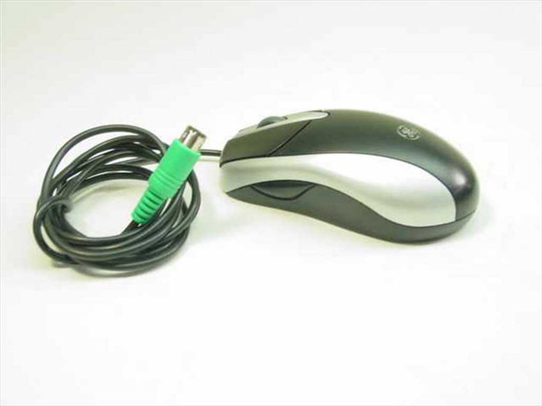GE WK4903 corded optical mouse top view showing scroll wheel and GE logo, with PS/2 cable coiled alongside