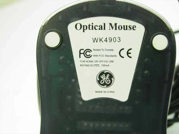 GE WK4903 optical mouse bottom label showing model number, FCC/CE marks, 5V 100mA rating, and Made in China