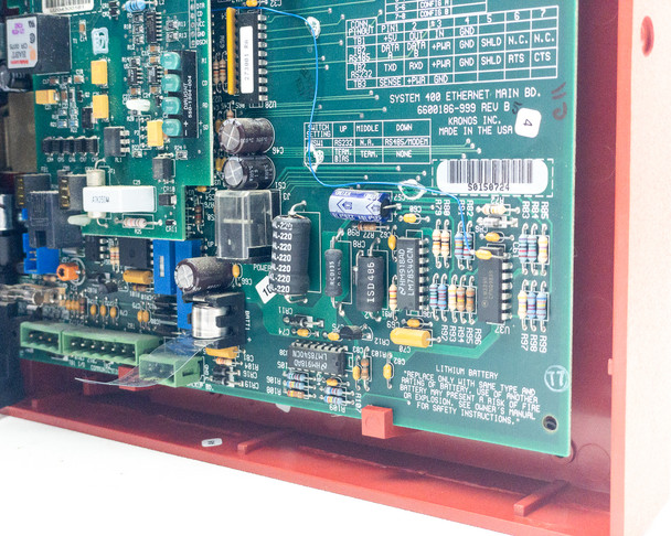 Kronos 460F interior showing System 400 Ethernet Main Board 6600188-999 Rev B label, Kronos Inc. Made in USA, with lithium battery