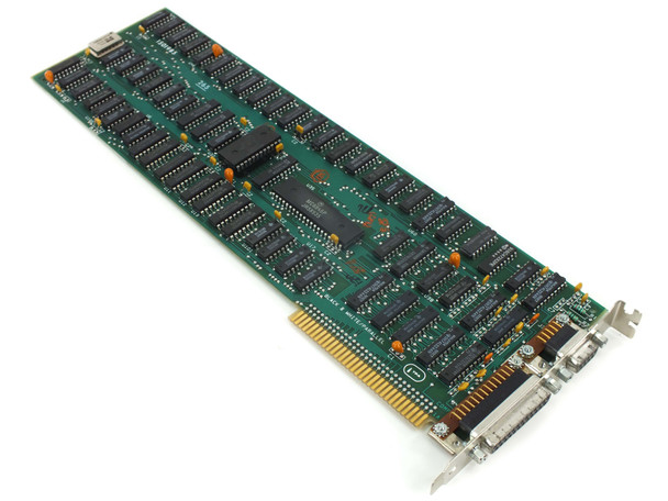 IBM 1501985 8-bit ISA monochrome video card with parallel port — top component side, angled view showing full card length and ISA edge connector