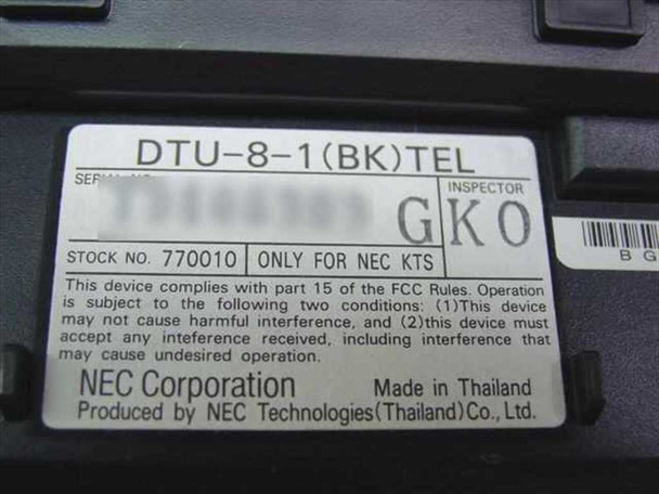 NEC DTU-8-1 bottom label showing model DTU-8-1(BK)TEL, Stock No. 770010, NEC Corporation, Made in Thailand, FCC Part 15 compliance, and 'Only for NEC KTS' designation