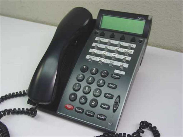 NEC DTU-16D-2 black digital office phone – three-quarter front view showing LCD display and 16-button keypad with handset