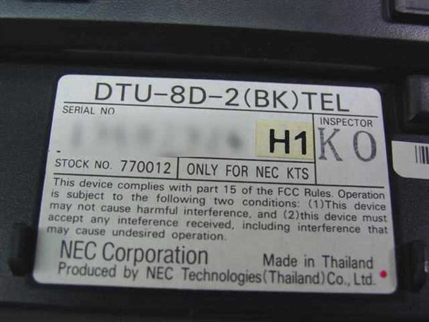 NEC DTU-8D-2 bottom label showing model DTU-8D-2(BK)TEL, Stock No. 770012, FCC compliance text, NEC Corporation, Made in Thailand