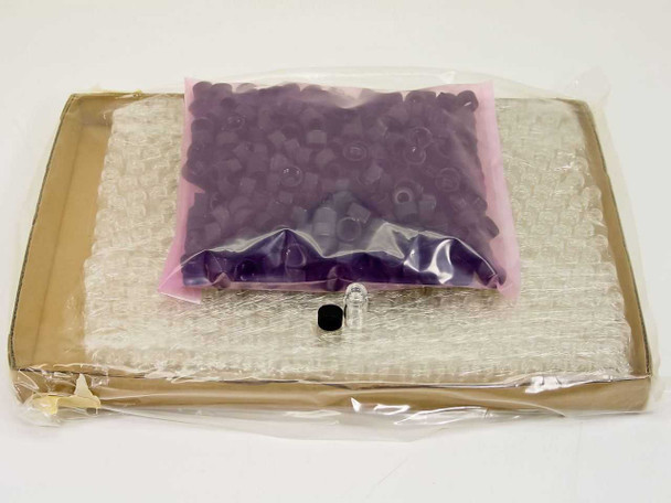 Full package of 436 Comar siliconized glass vials wrapped in plastic with separate bag of black PP open-top caps on top and one sample vial