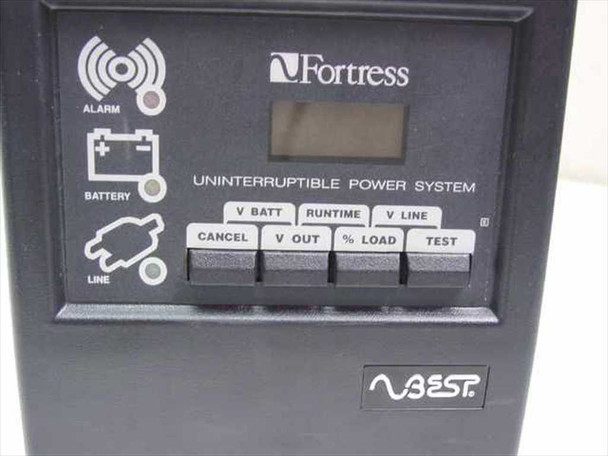 Best Power LI660VA Fortress front panel close-up — LED display, status indicators (Alarm, Battery, Line), and seven function buttons including V Batt, Runtime, V Line, Cancel, V Out, % Load, and Test