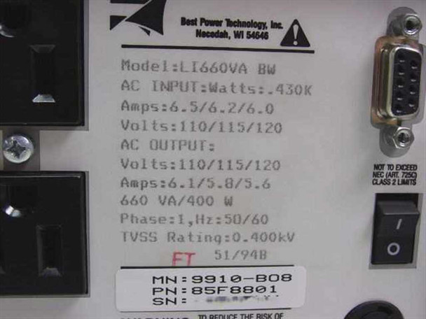 Best Power LI660VA Fortress UPS rating plate close-up — specs: 660VA/400W, 110/115/120V AC input and output, 50/60Hz, TVSS 0.400kV