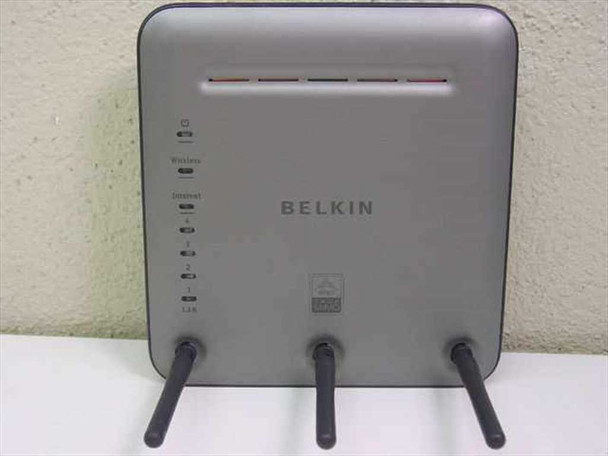 Belkin F5D8230-4 Wireless Pre-N Router – front panel view showing Belkin logo, status indicator LEDs for Wireless, Internet, and LAN channels, and three antennas