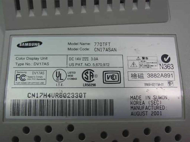 Samsung SyncMaster 770TFT — rear label showing model 770TFT, model code CN17ASAN, DC 14V 3.0A rating, type DV17AS, serial CN17H4VR802330T, manufactured August 2001 in Suwon Korea