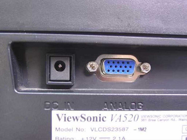 ViewSonic VA520 monitor — rear port area showing DC In power jack and VGA analog input, with partial rating label visible