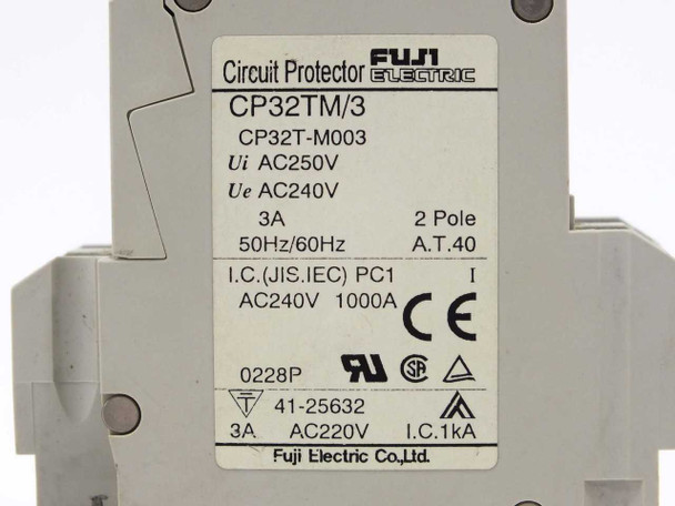 Fuji Electric CP32TM/3 CP32T-M003 rating label showing 3A 2-Pole, Ui AC250V, Ue AC240V, 50/60Hz, UL CSA CE markings