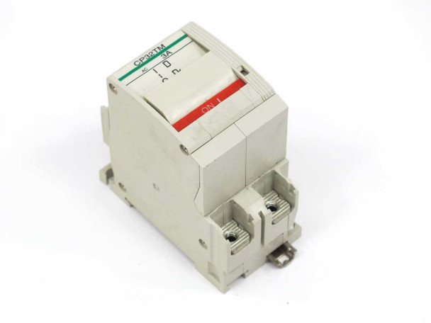 Fuji Electric CP32TM/3 Circuit Protector front view showing red ON indicator and green housing with DIN rail clip