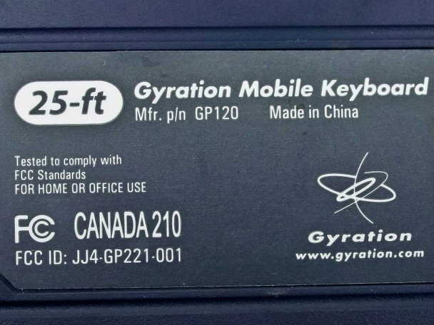 Gyration GP120 bottom label showing model GP120, 25ft range, Made in China, FCC ID JJ4-GP221-001, Canada 210