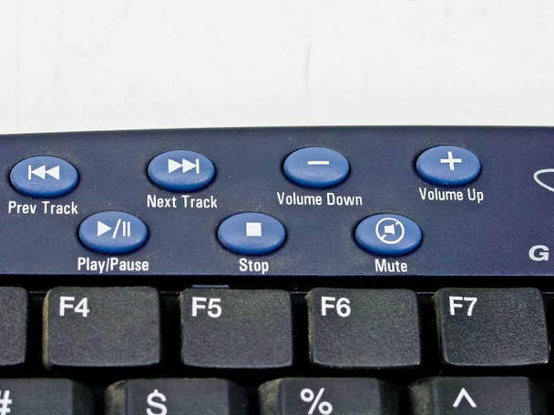Gyration GP120 keyboard media control buttons – Prev Track, Next Track, Volume Down, Volume Up, Play/Pause, Stop, Mute