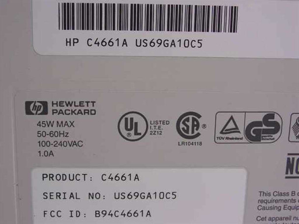HP C4661A rating label showing Product: C4661A, Serial No: US69GA10C5, FCC ID: B94C4661A, 45W Max, 100-240VAC, 50-60Hz, 1.0A, UL and TÜV certifications