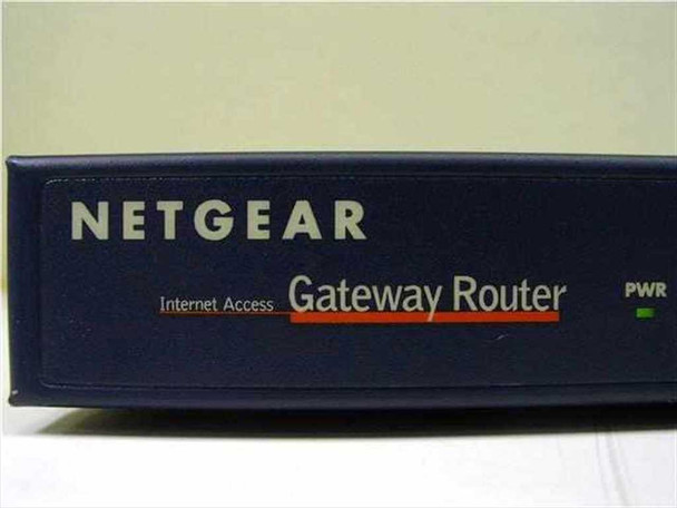 Netgear RT311 Gateway Router — close-up of front left panel showing NETGEAR branding, 'Internet Access Gateway Router' label, and lit PWR LED
