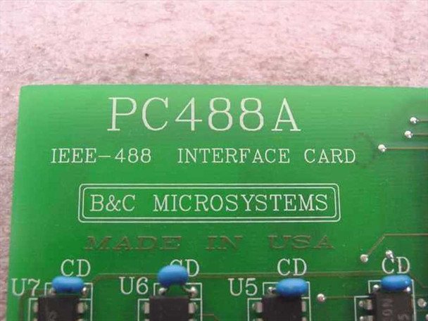 B&C Microsystems PC488A IEEE-488 Interface Card close-up of PCB silkscreen label showing model, 'B&C MICROSYSTEMS', and 'MADE IN USA'