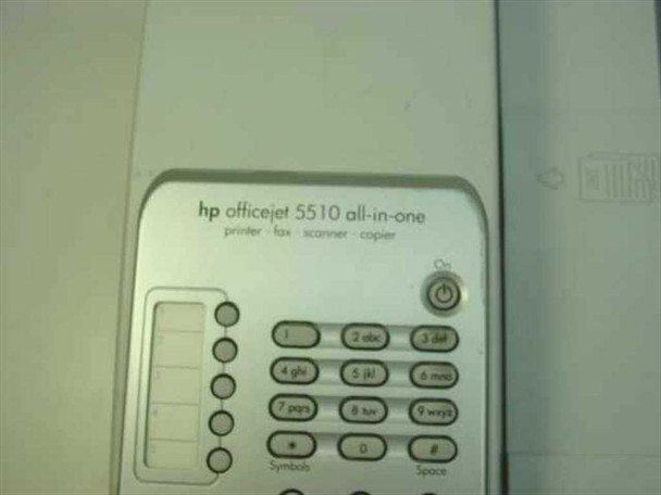 HP OfficeJet 5510 control panel label reading 'hp officejet 5510 all-in-one — printer fax scanner copier' with power button