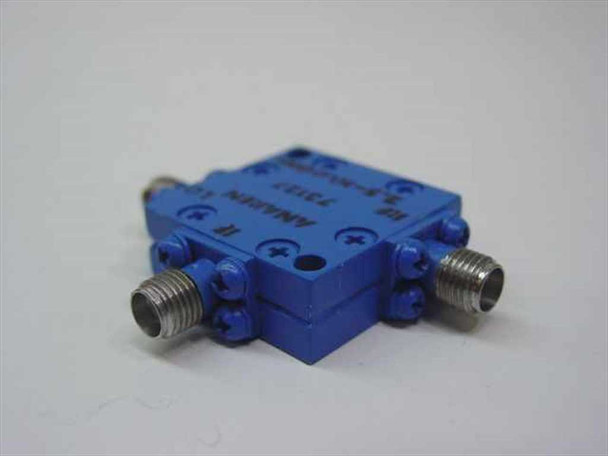 Anaren 73127 RF mixer three-quarter view showing three SMA-F ports on left, right, and top faces of blue aluminum housing