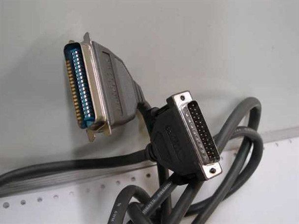 Parallel printer cable showing DB25 male connector end and Centronics 36 male connector end with full cable length