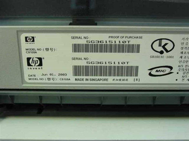 HP CP 1700 C8108A color inkjet printer – bottom label showing model C8108A, manufacture date June 2003, Made in Singapore, MIC certification