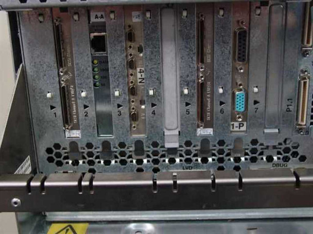 IBM 7026-H80 RS/6000 server rear expansion slots 1 through 7 showing installed cards including SSA, SCSI LVD, and GigE adapters