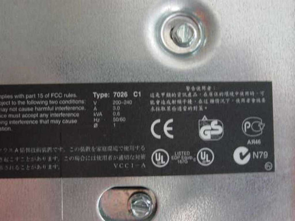 IBM 7026-H80 RS/6000 server type label showing Type 7026 C1, 200-240V, 3.0kVA, 50/60Hz, CE, UL, and GS certification marks