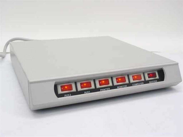 Power Center PC-006 front view showing six labeled red lighted toggle switches: AUX2, AUX1, Printer, Monitor, Computer, Master — all illuminated
