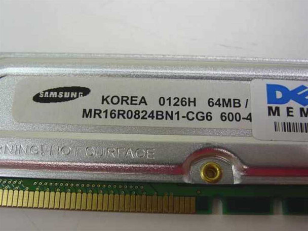 Samsung MR16R0824BN1-CG6 close-up of label showing 64MB, 600MHz speed rating, Korea manufacture, and Dell Memory branding
