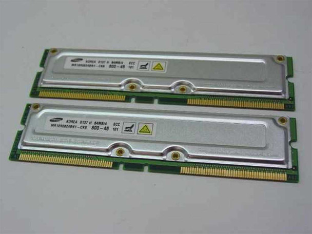 Samsung MR18R0824BN1-CK8 64MB PC800-45 ECC RDRAM RIMM pair — front view showing silver heat spreaders and Samsung labels