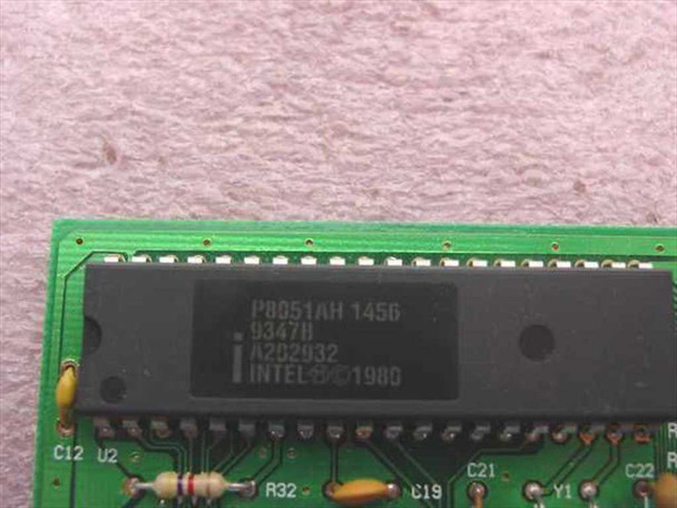 Close-up of Intel P8051AH 8051 microcontroller chip on ISA sound card, reading P8051AH 1456 9347B A2D2932 Intel 1980