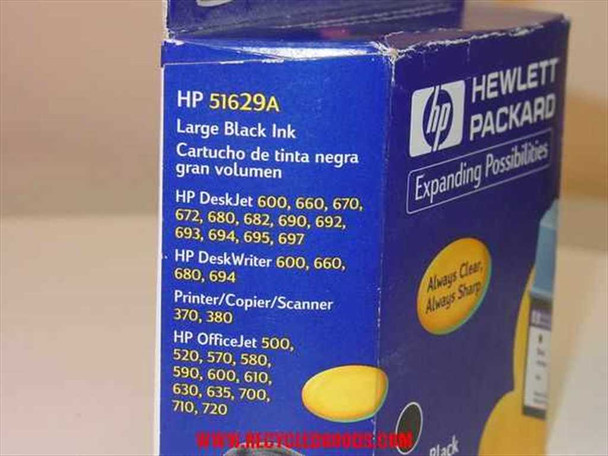 HP 51629A Large Black Ink cartridge box side panel listing compatible HP DeskJet, DeskWriter, OfficeJet, and Printer/Copier/Scanner model numbers