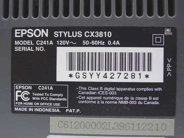 Epson Stylus CX3810 bottom rating label showing model C241A, 120V 50-60Hz 0.4A, serial number GSYY427281, Made in Indonesia