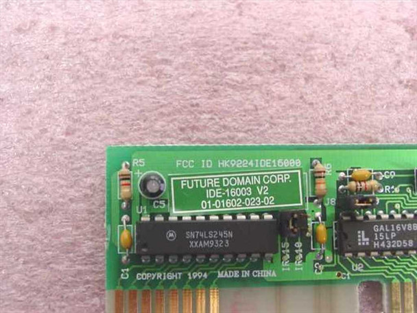 Future Domain IDE-16003 V2 label close-up showing FCC ID HK9224IDE16000, part number 01-01602-023-02, Motorola SN74LS245N IC, GAL16V8B chip, and 'Copyright 1994 Made in China' marking