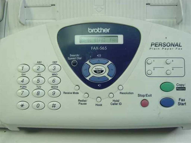 Brother FAX-565 front control panel close-up showing LCD display, keypad, Menu/Set dial, Copy and Fax Start buttons