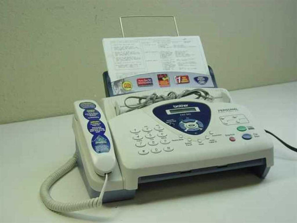 Brother FAX-565 personal plain paper fax machine – full front view with handset and document tray loaded