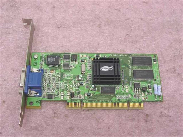 ATI Rage 128 PCI video card 109-74400-10 — top-down front view showing full PCB layout, Rage 128 GPU with heatsink, Hynix memory chips, and VGA port on bracket