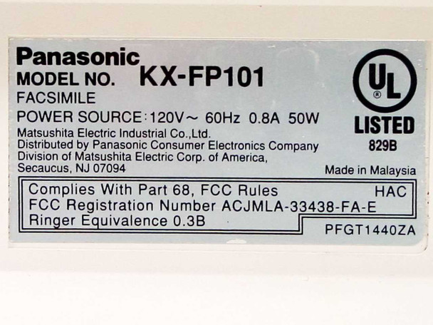 Panasonic KX-FP101 rating label showing 120V 60Hz 0.8A 50W, Made in Malaysia, UL Listed, FCC registration ACJMLA-33438-FA-E
