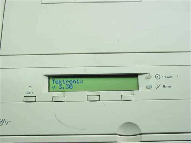 Tektronix Phaser 350 front control panel LCD showing 'Tektronix v 3.30' firmware version with Power and Error indicator lights